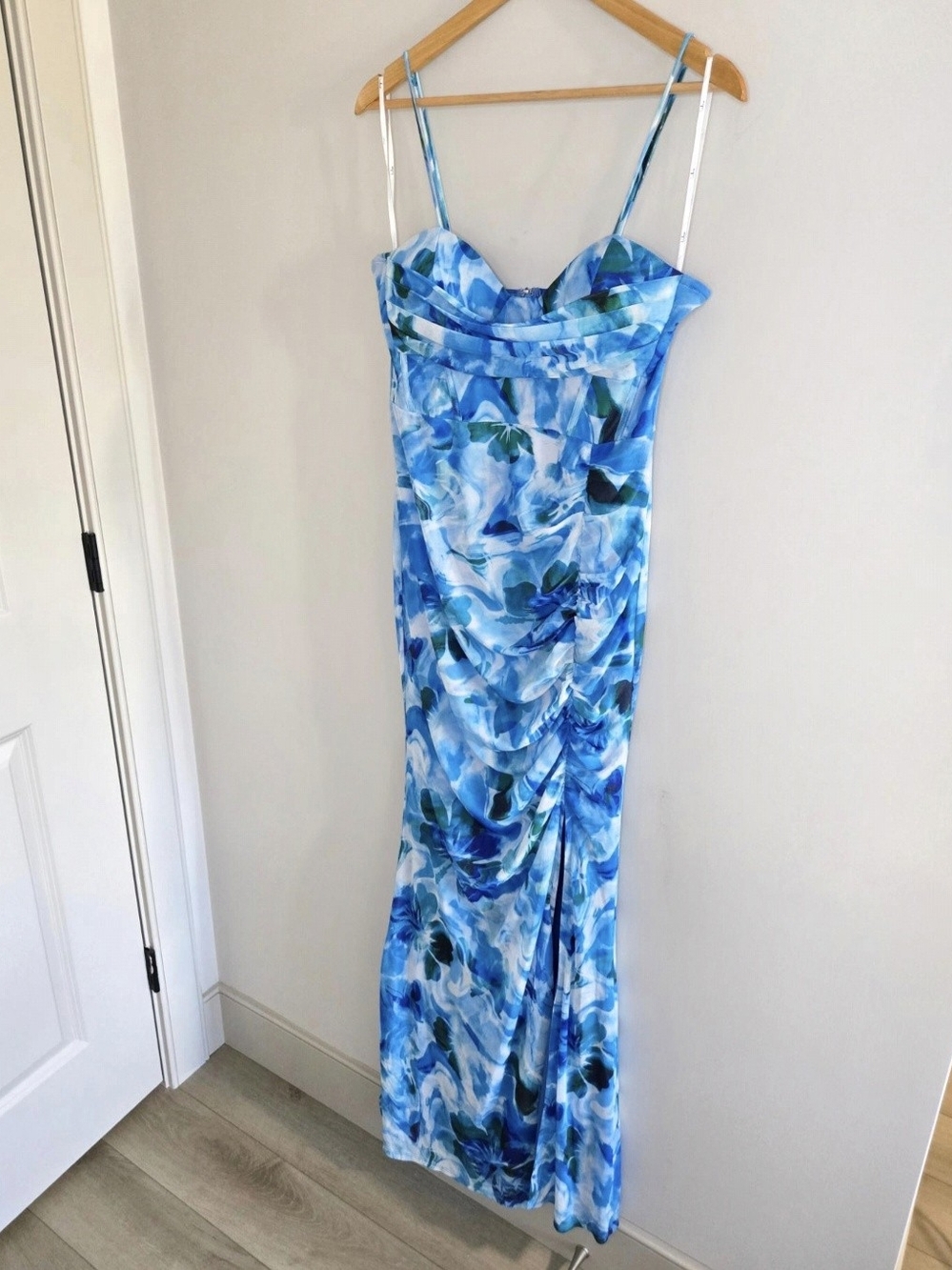 Lulu's blue, white, green watercolor thin strap bustier maxi dress, large + new
